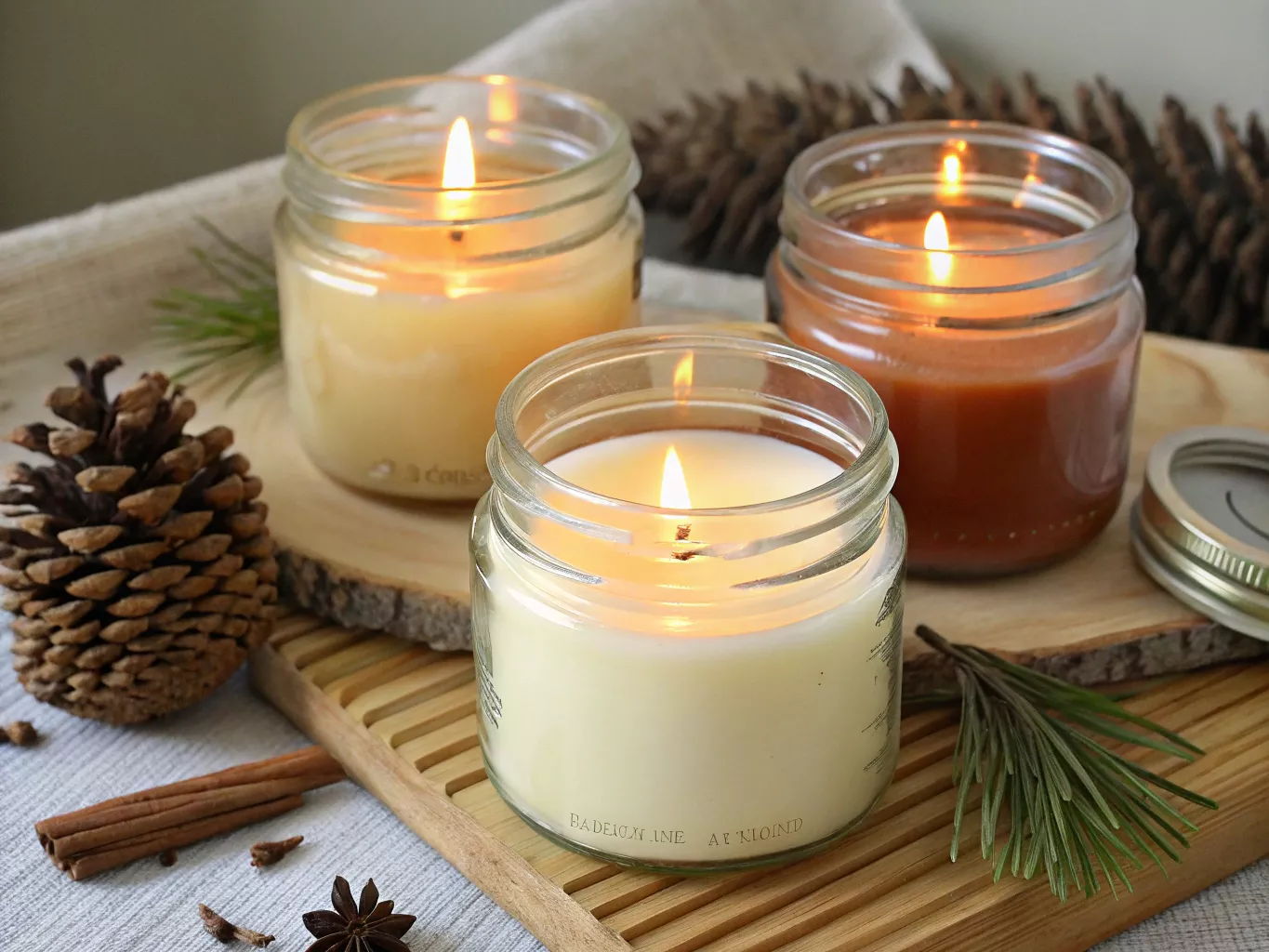 Hand-poured candles in glass jars with varied scents