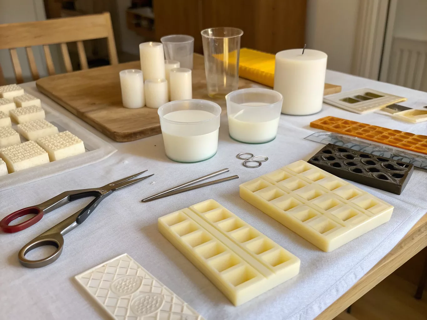 Candle making tools and supplies on workshop table