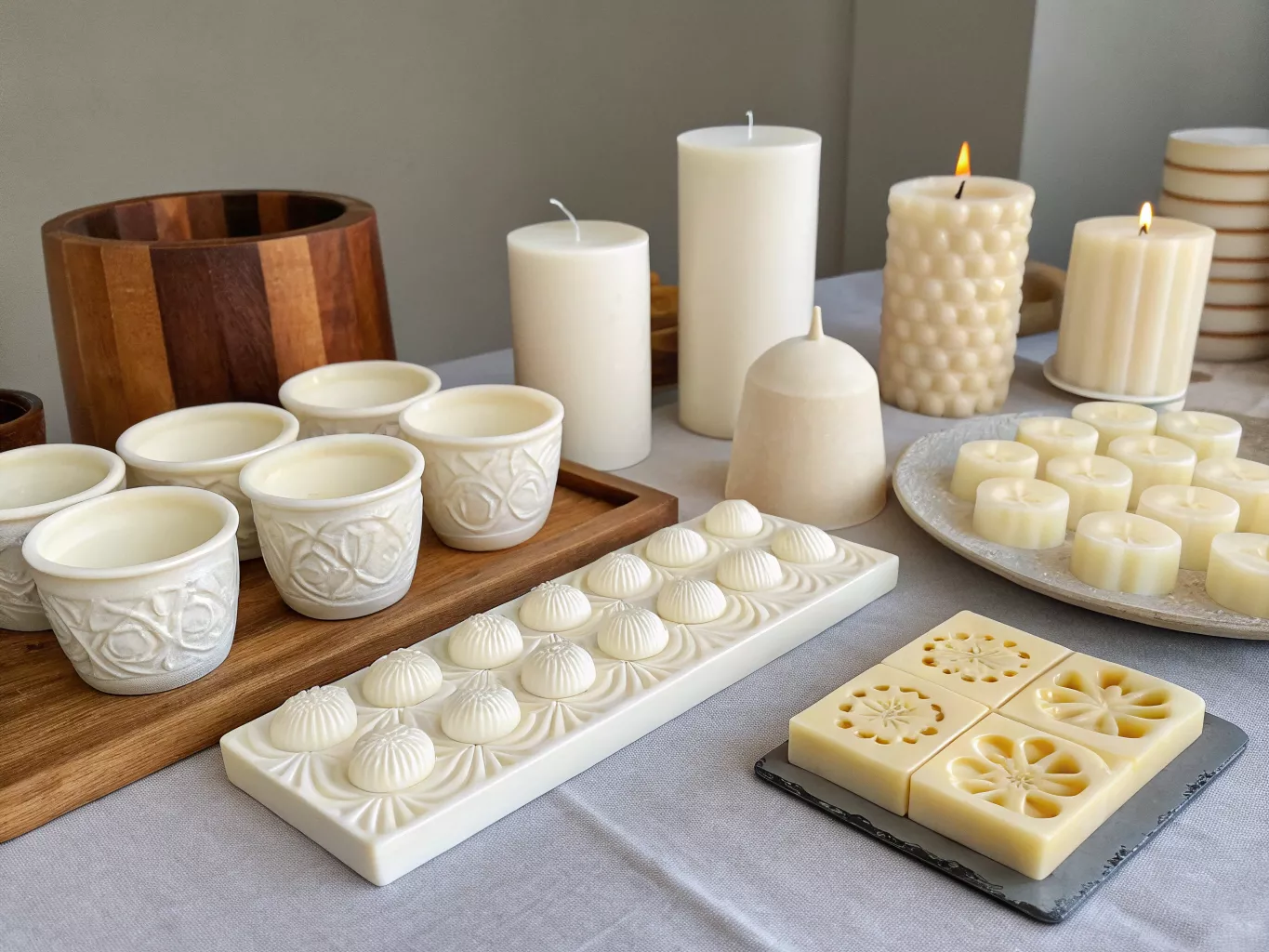 Candle vessels and molds arranged on table